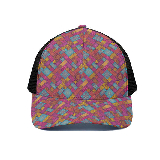 Indian Patchwork Pattern Print Black Mesh Trucker Cap