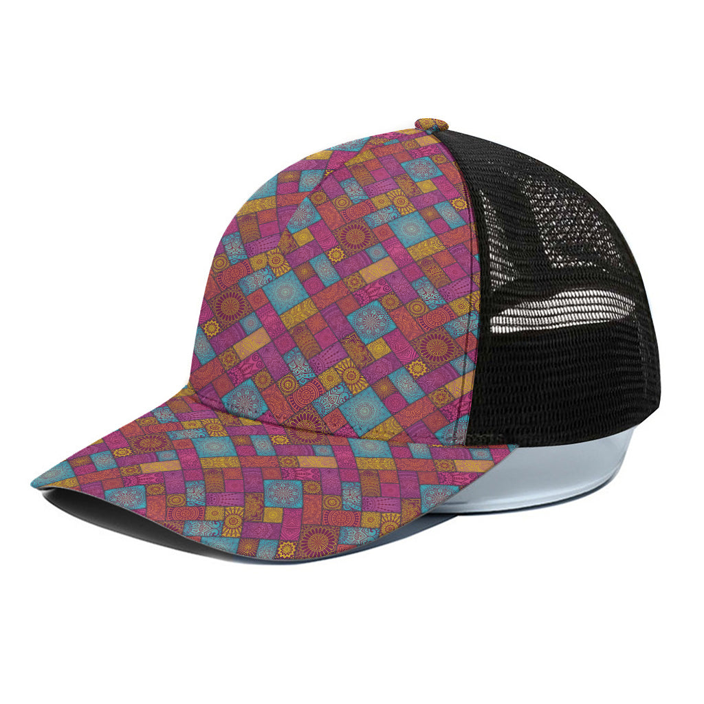 Indian Patchwork Pattern Print Black Mesh Trucker Cap