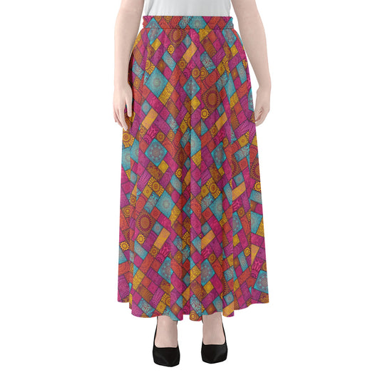 Indian Patchwork Pattern Print Chiffon Maxi Skirt
