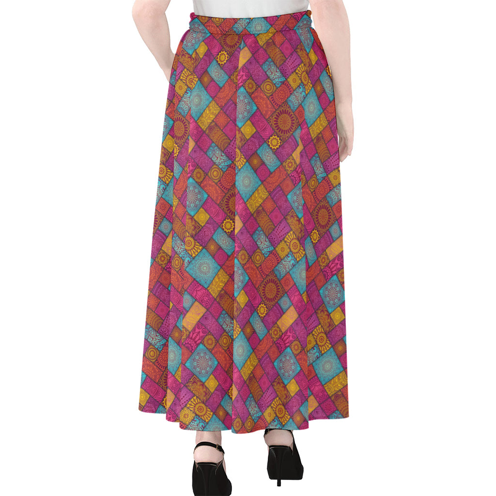 Indian Patchwork Pattern Print Chiffon Maxi Skirt