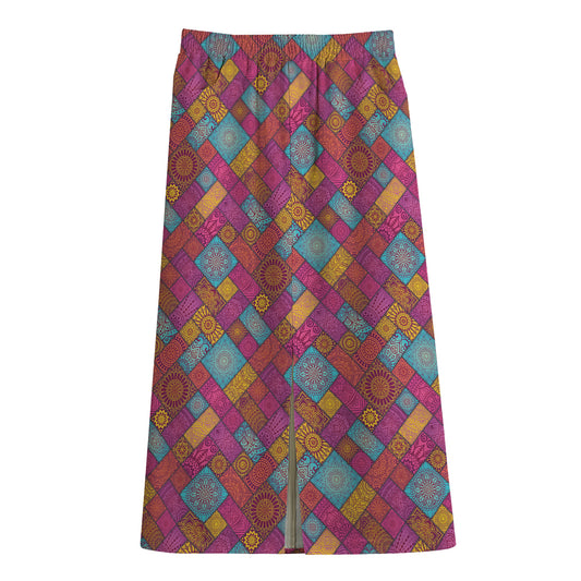Indian Patchwork Pattern Print Cotton Front Slit Maxi Skirt
