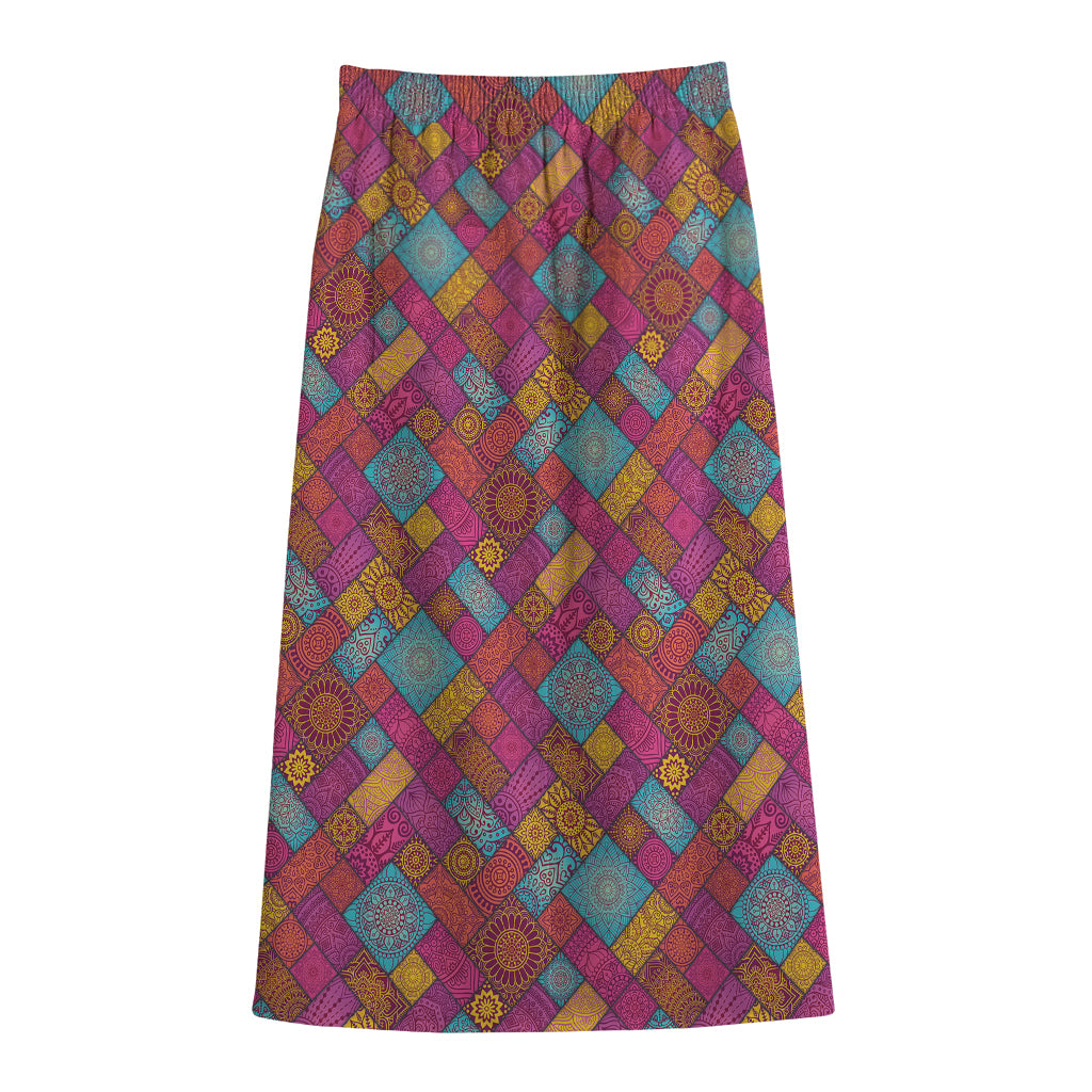 Indian Patchwork Pattern Print Cotton Front Slit Maxi Skirt