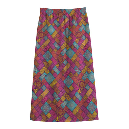 Indian Patchwork Pattern Print Cotton Front Slit Maxi Skirt