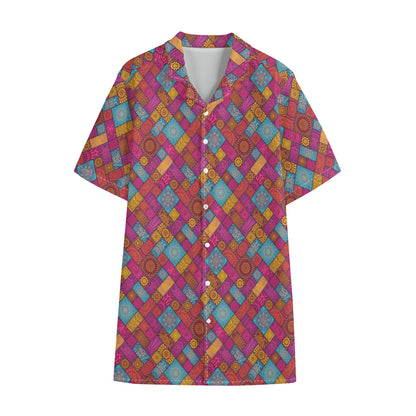 Indian Patchwork Pattern Print Cotton Hawaiian Shirt