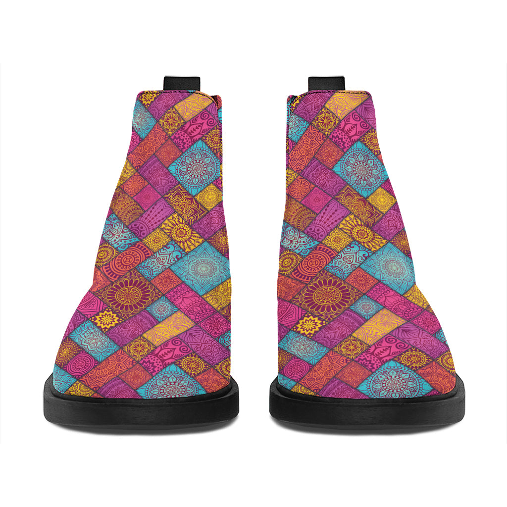 Indian Patchwork Pattern Print Flat Ankle Boots