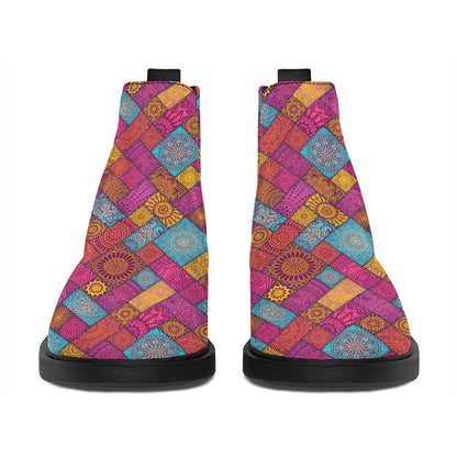 Indian Patchwork Pattern Print Flat Ankle Boots