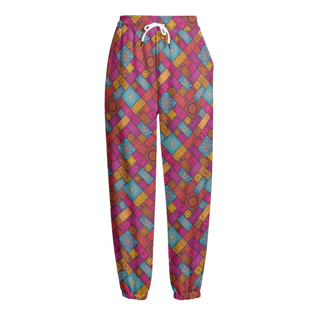 Indian Patchwork Pattern Print Fleece Lined Knit Pants