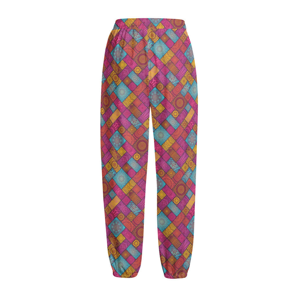 Indian Patchwork Pattern Print Fleece Lined Knit Pants