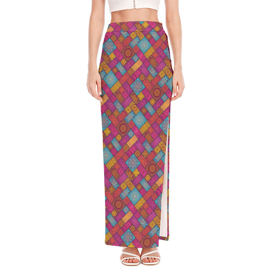 Indian Patchwork Pattern Print High Slit Maxi Skirt