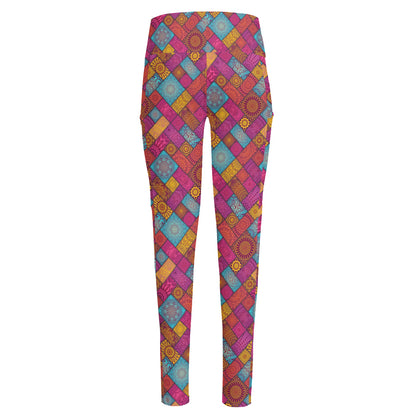 Indian Patchwork Pattern Print High-Waisted Pocket Leggings