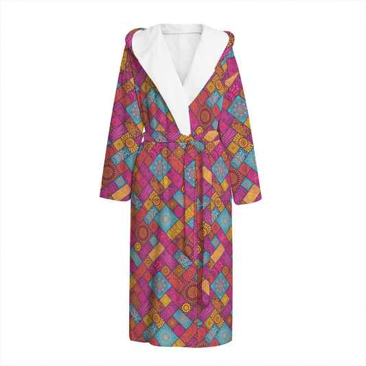 Indian Patchwork Pattern Print Hooded Bathrobe