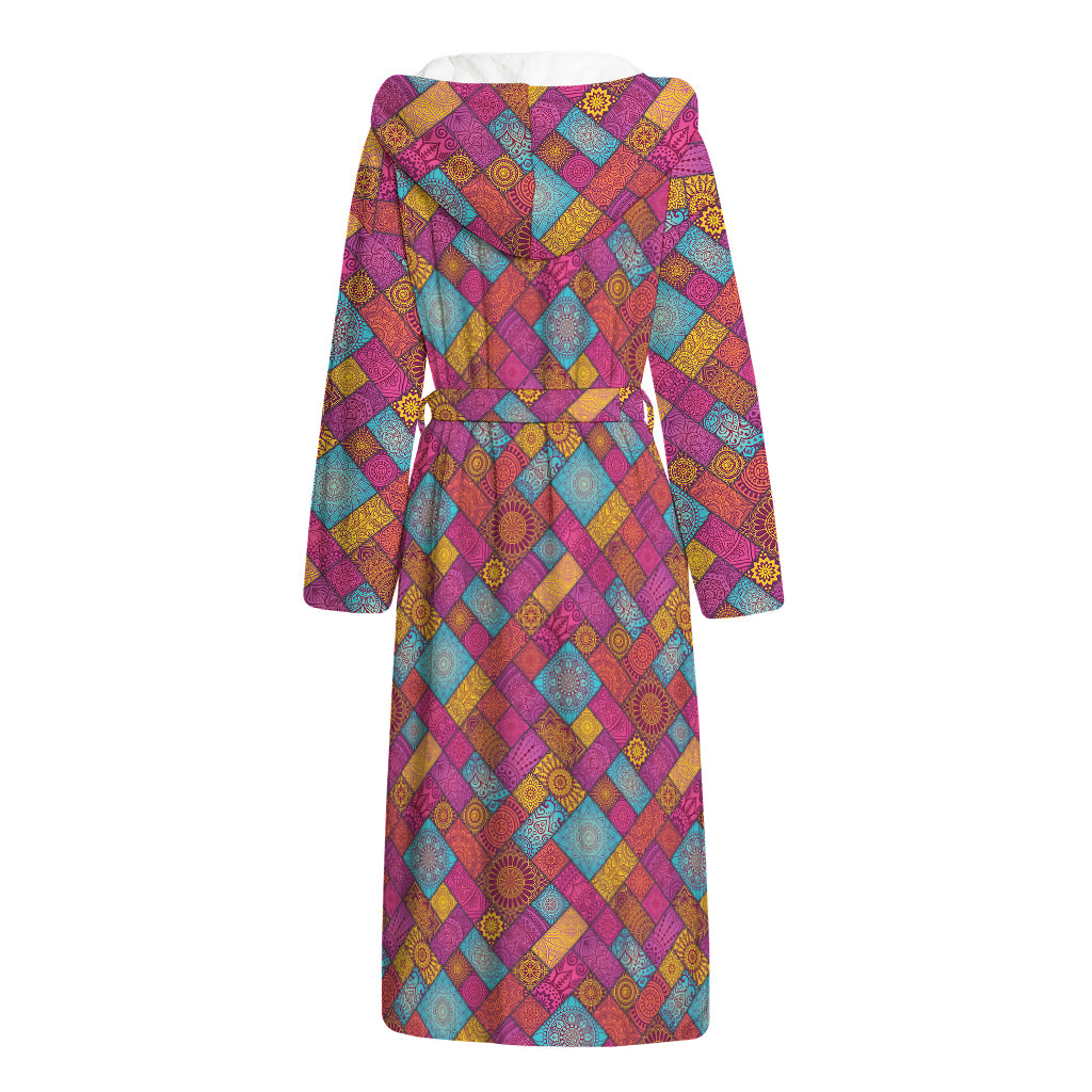 Indian Patchwork Pattern Print Hooded Bathrobe