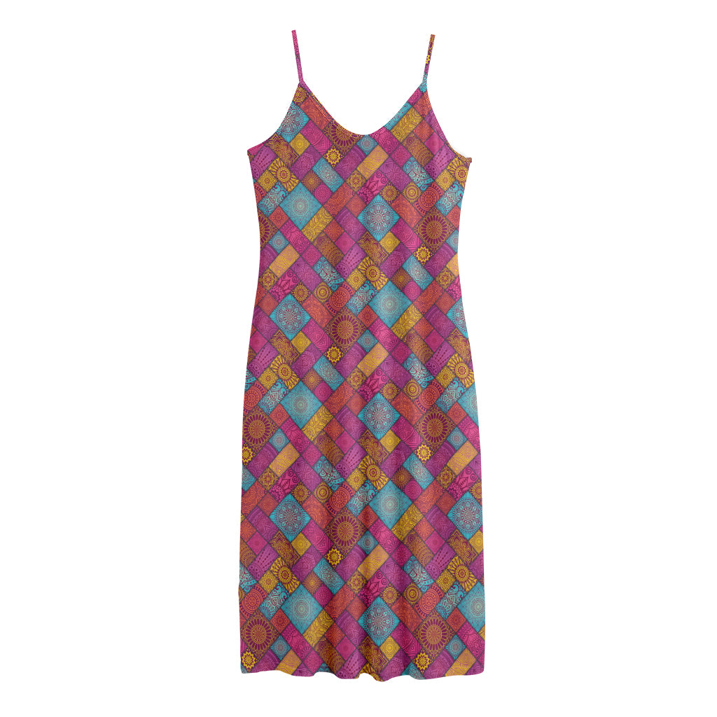 Indian Patchwork Pattern Print Jersey Midi Cami Dress