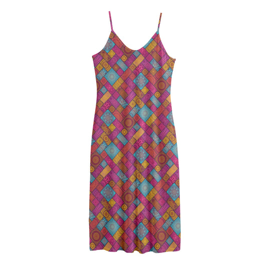 Indian Patchwork Pattern Print Jersey Midi Cami Dress
