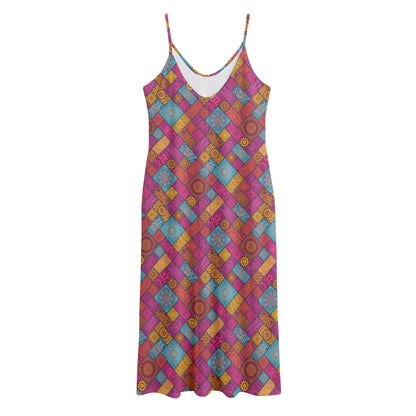 Indian Patchwork Pattern Print Jersey Midi Cami Dress