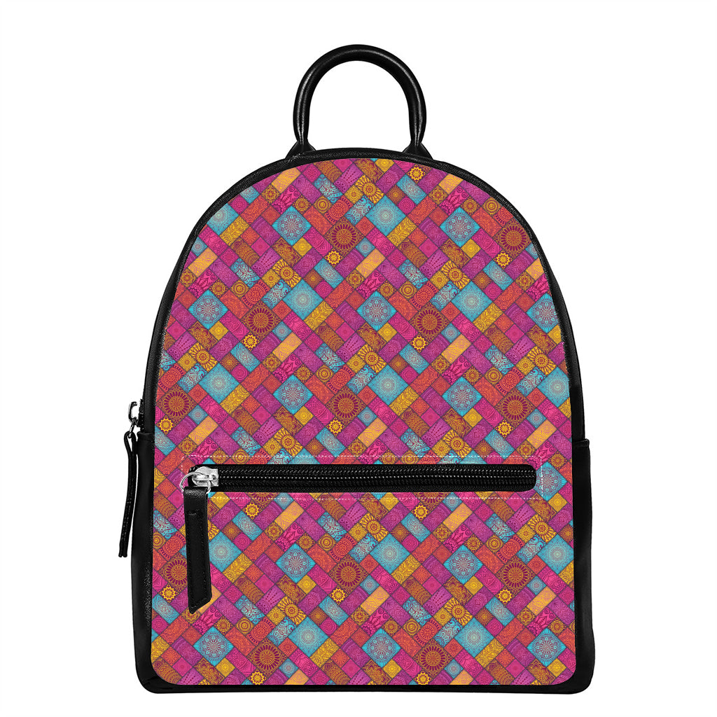 Indian Patchwork Pattern Print Leather Backpack