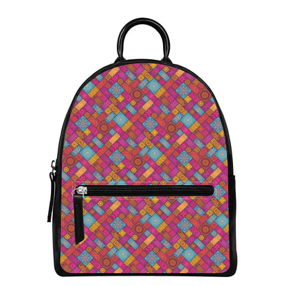 Indian Patchwork Pattern Print Leather Backpack