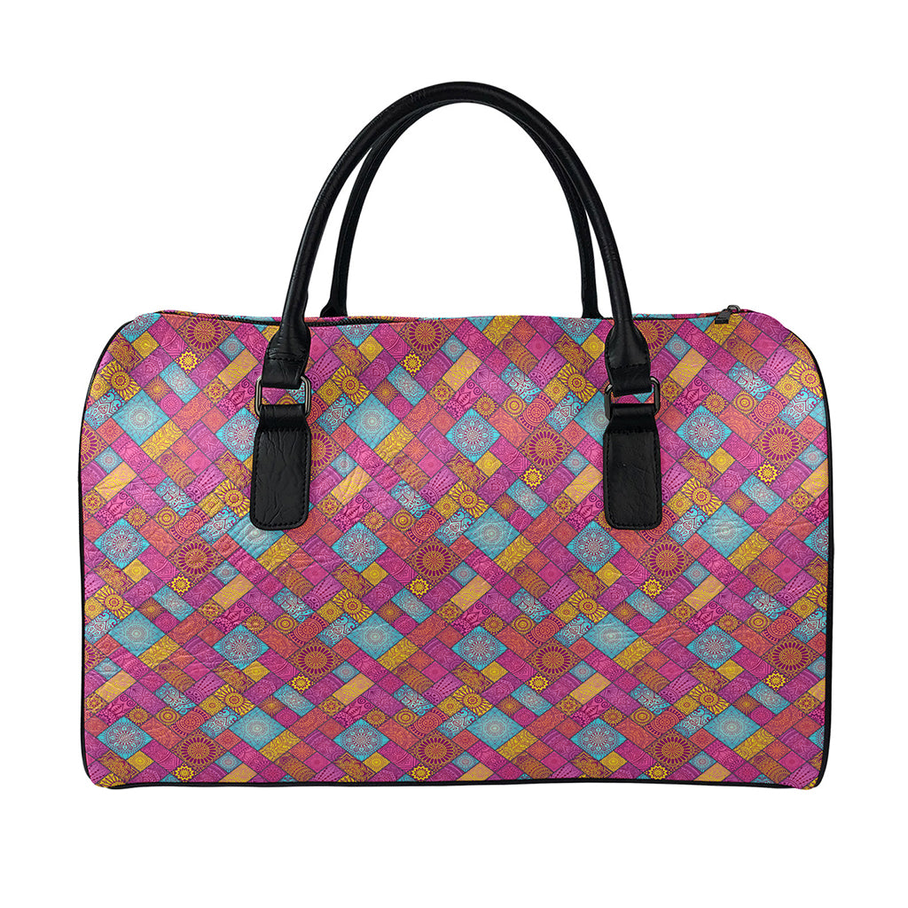 Indian Patchwork Pattern Print Leather Duffle Bag