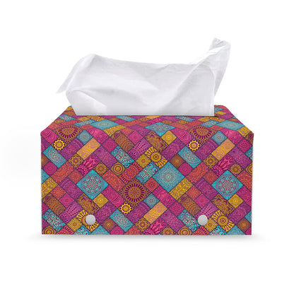 Indian Patchwork Pattern Print Leather Tissue Box Cover