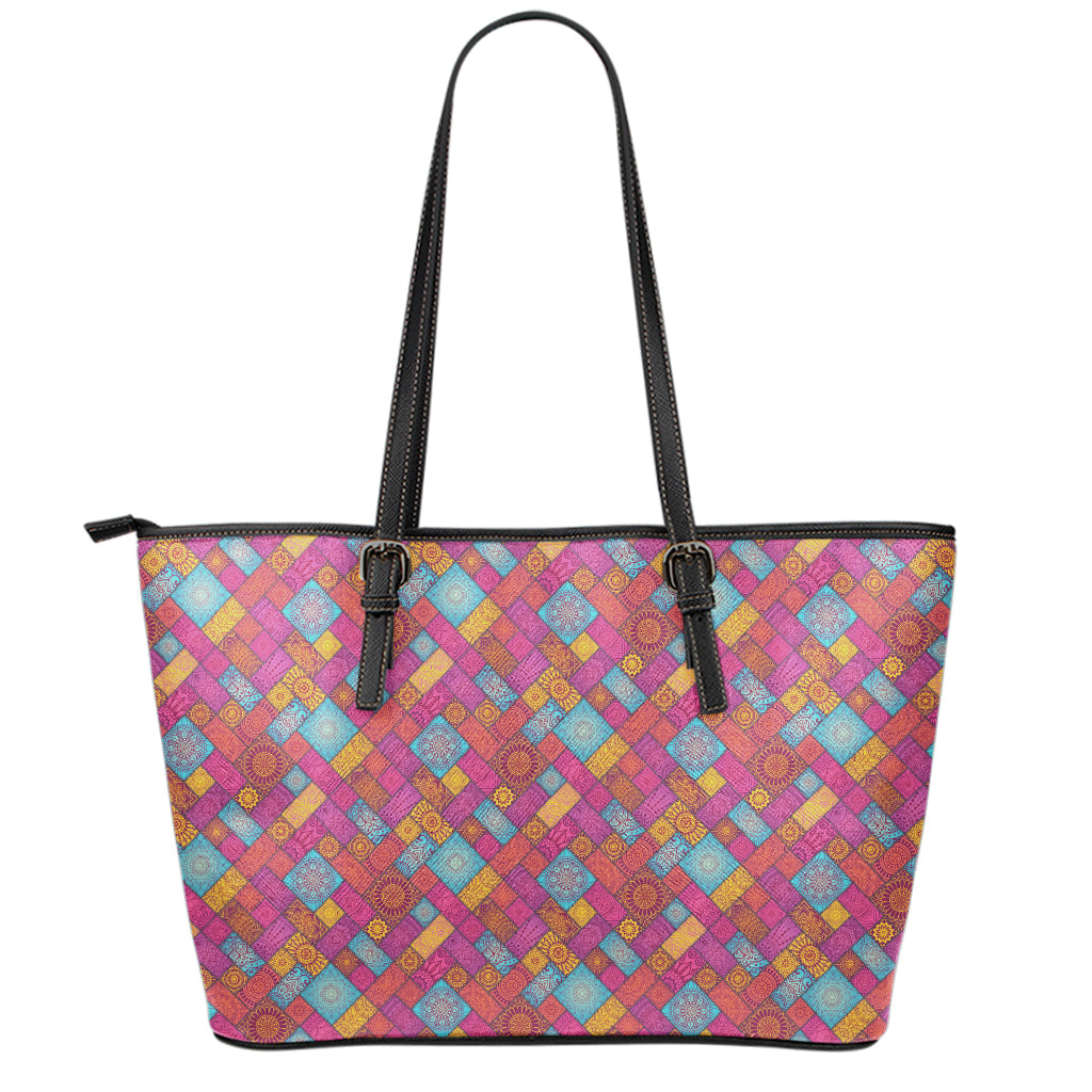 Indian Patchwork Pattern Print Leather Tote Bag