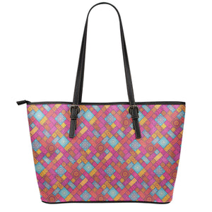 Indian Patchwork Pattern Print Leather Tote Bag