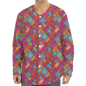 Indian Patchwork Pattern Print Long Sleeve Baseball Jersey