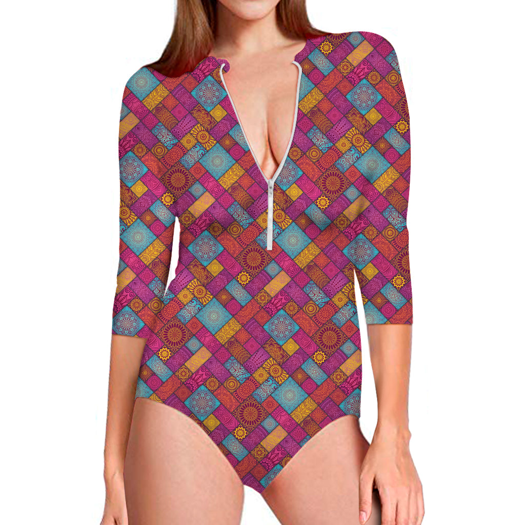 Indian Patchwork Pattern Print Long Sleeve Swimsuit