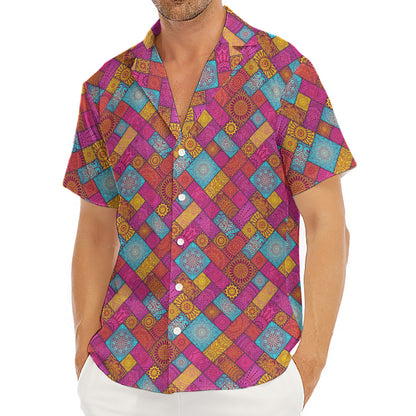 Indian Patchwork Pattern Print Men's Deep V-Neck Shirt
