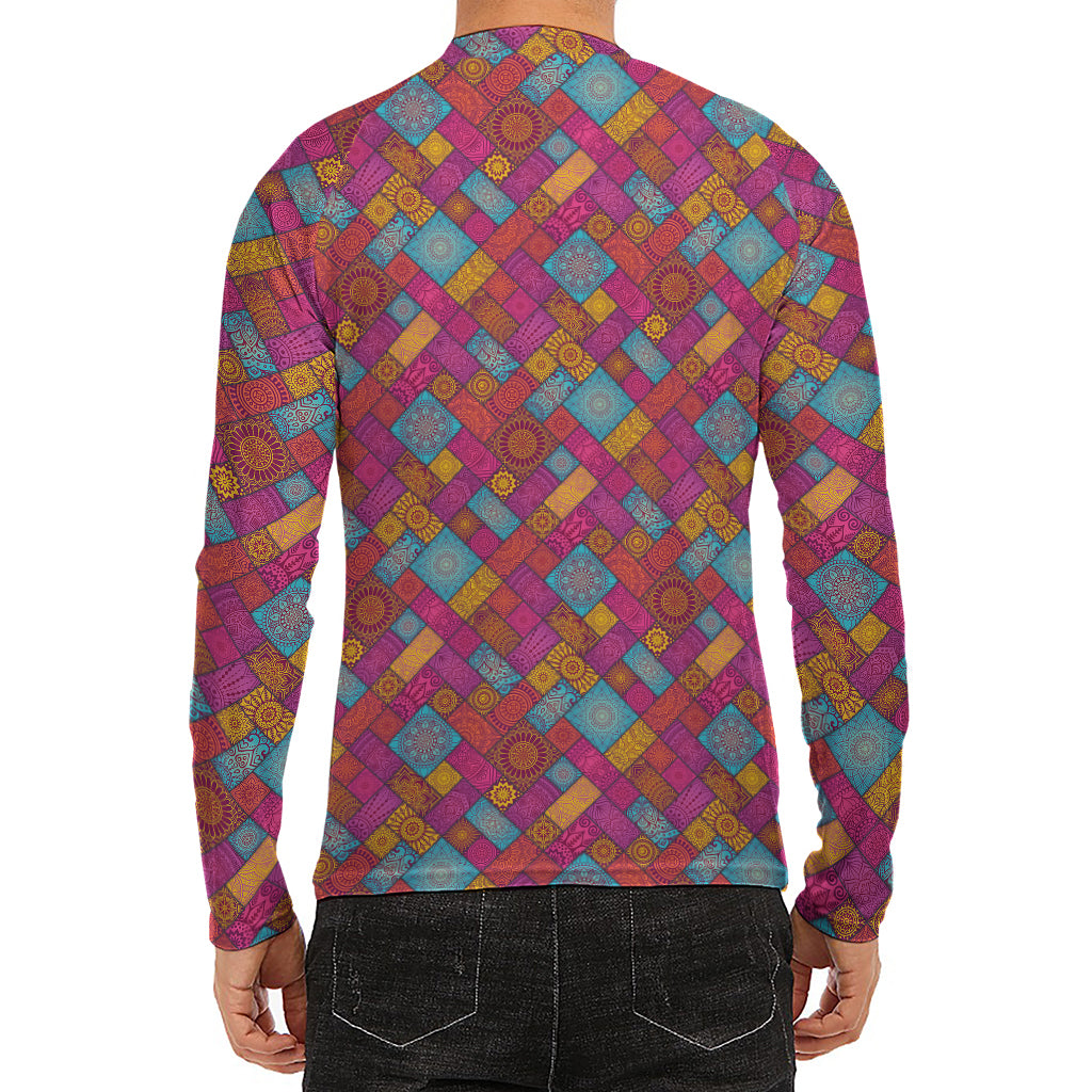 Indian Patchwork Pattern Print Men's Long Sleeve Rash Guard