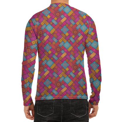 Indian Patchwork Pattern Print Men's Long Sleeve Rash Guard