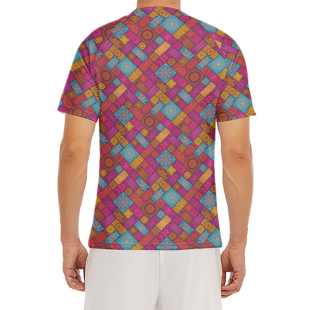Indian Patchwork Pattern Print Men's Short Sleeve Rash Guard