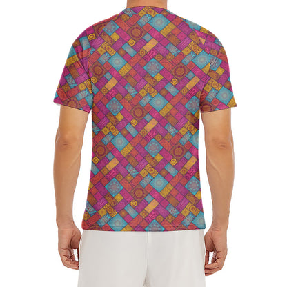 Indian Patchwork Pattern Print Men's Short Sleeve Rash Guard