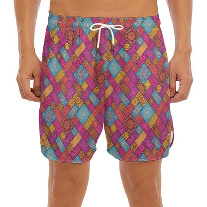 Indian Patchwork Pattern Print Men's Split Running Shorts