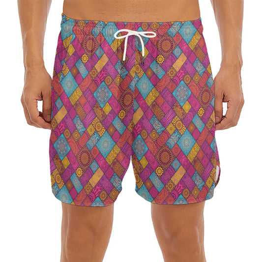Indian Patchwork Pattern Print Men's Split Running Shorts