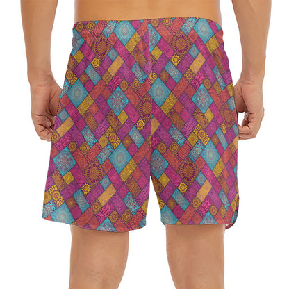 Indian Patchwork Pattern Print Men's Split Running Shorts