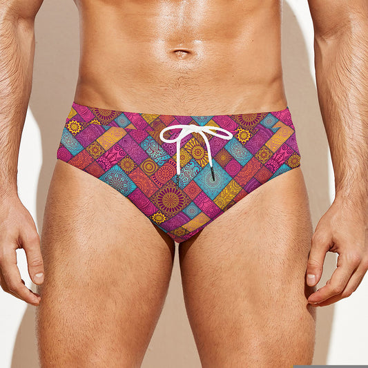 Indian Patchwork Pattern Print Men's Swim Briefs