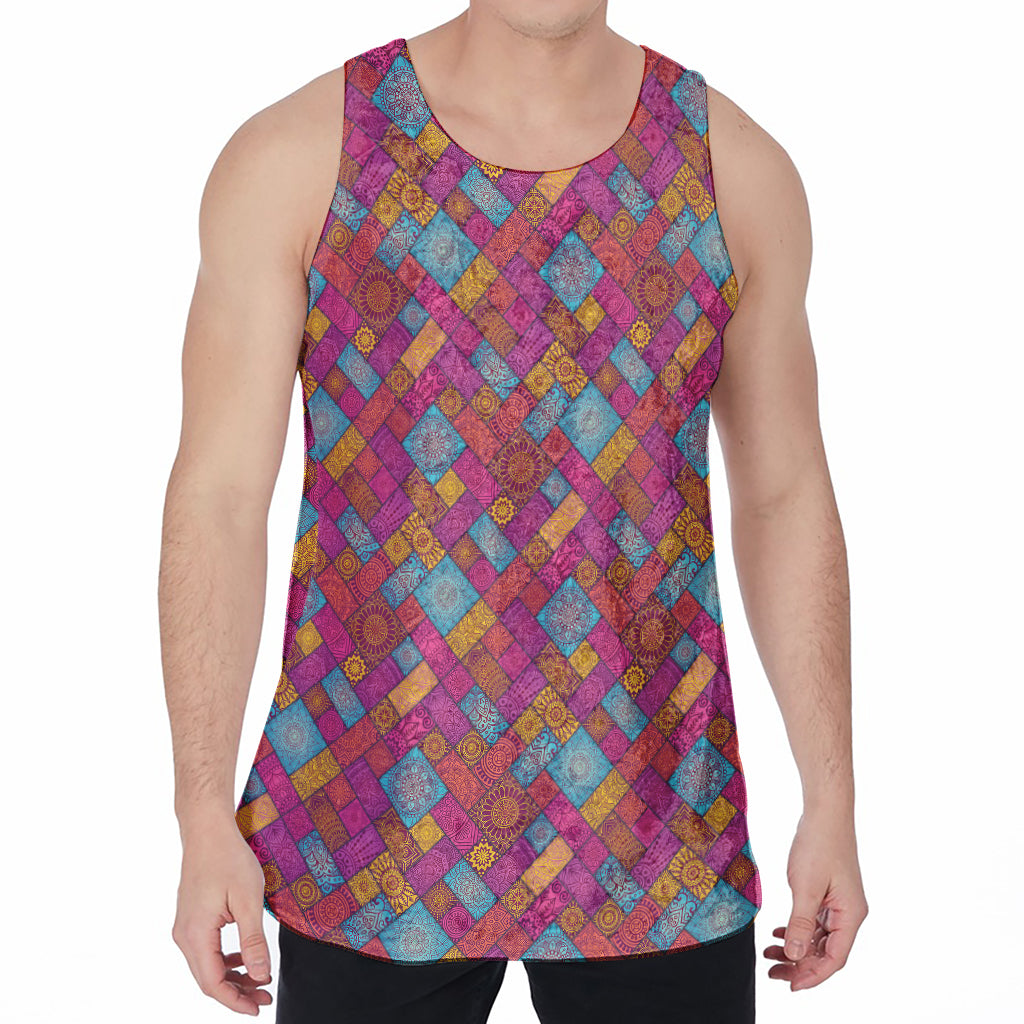 Indian Patchwork Pattern Print Men's Velvet Tank Top