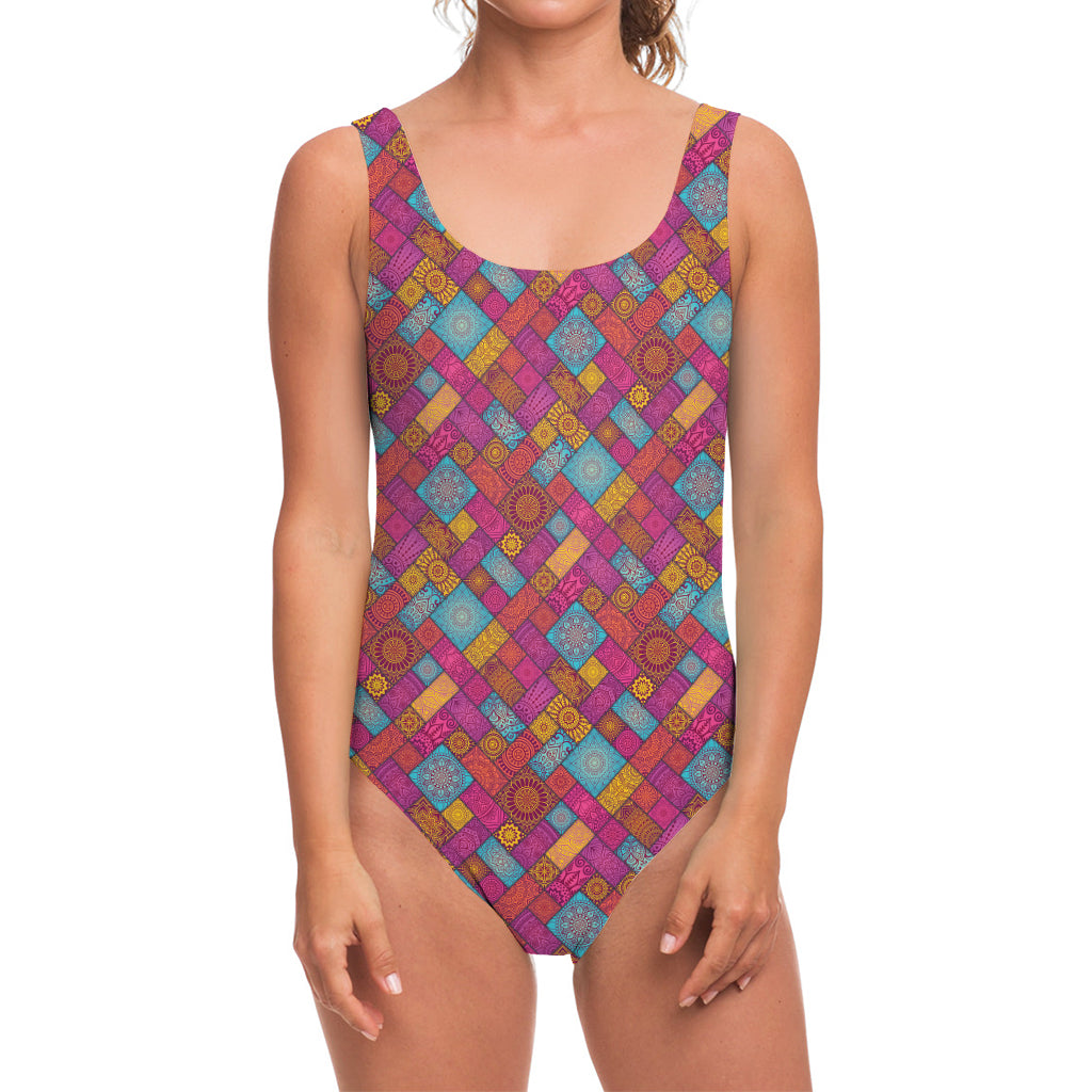 Indian Patchwork Pattern Print One Piece Swimsuit