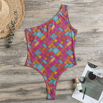 Indian Patchwork Pattern Print One Shoulder Bodysuit