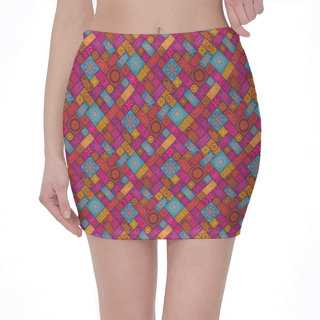 Indian Patchwork Pattern Print Pencil Mini Skirt