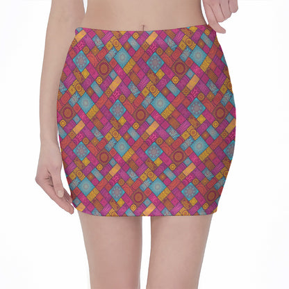Indian Patchwork Pattern Print Pencil Mini Skirt