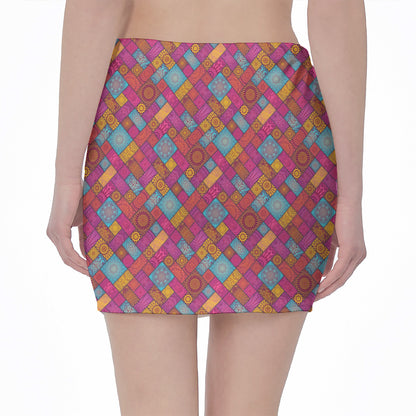 Indian Patchwork Pattern Print Pencil Mini Skirt
