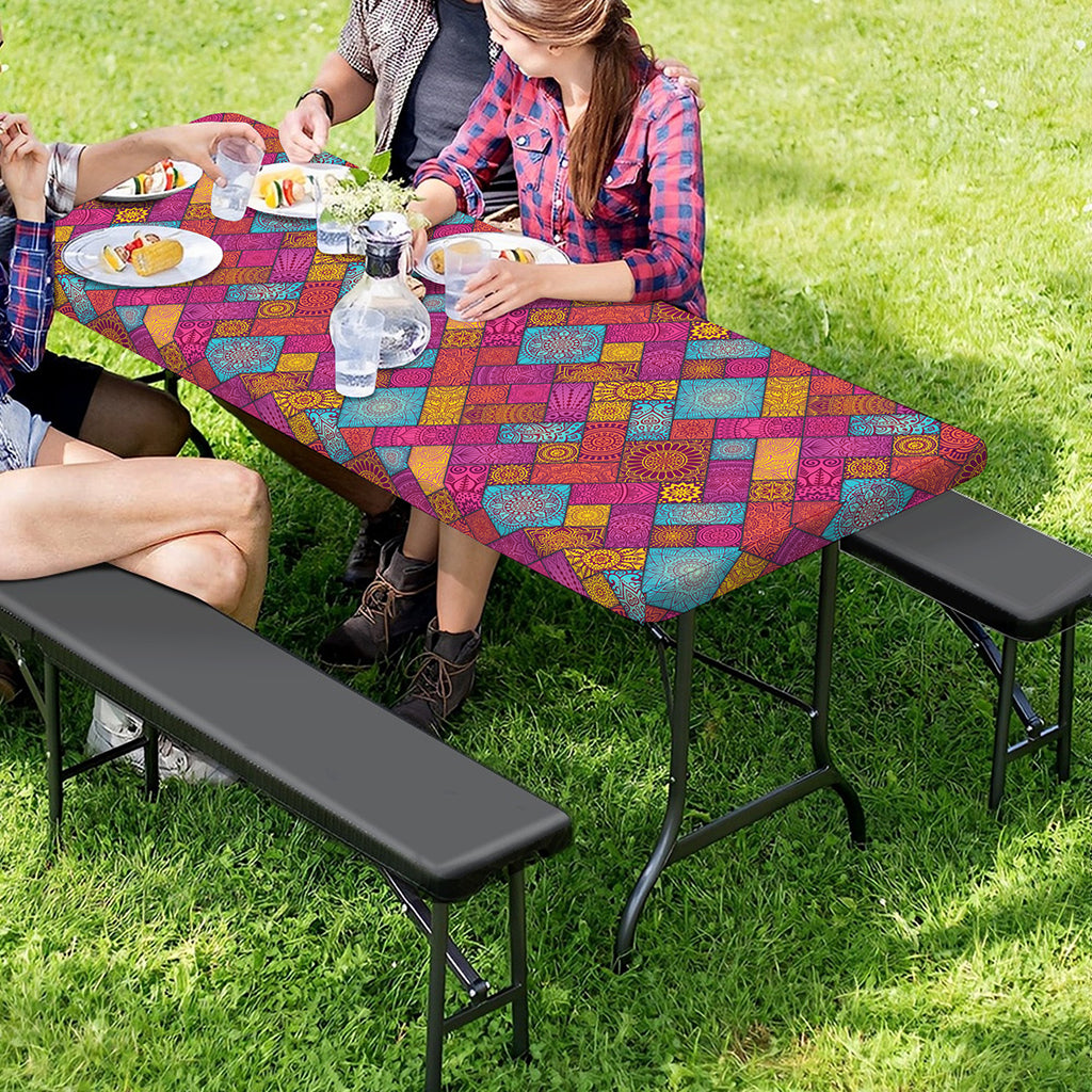 Indian Patchwork Pattern Print Picnic Table Cover