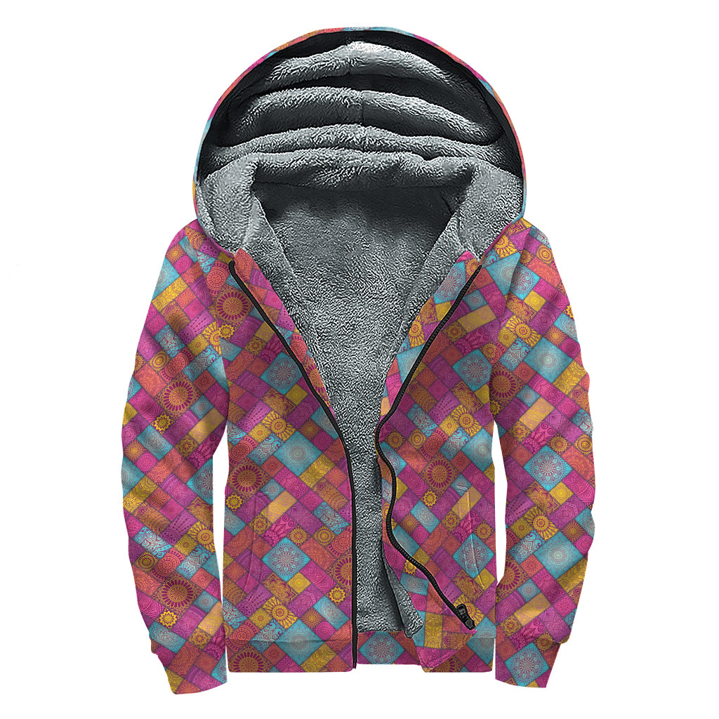 Indian Patchwork Pattern Print Sherpa Lined Zip Up Hoodie