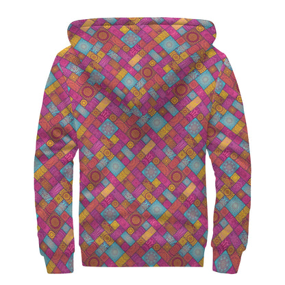 Indian Patchwork Pattern Print Sherpa Lined Zip Up Hoodie