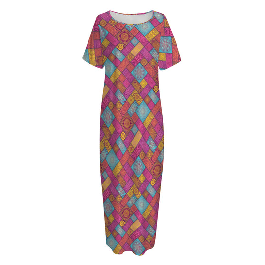 Indian Patchwork Pattern Print Short Sleeve Long Nightdress