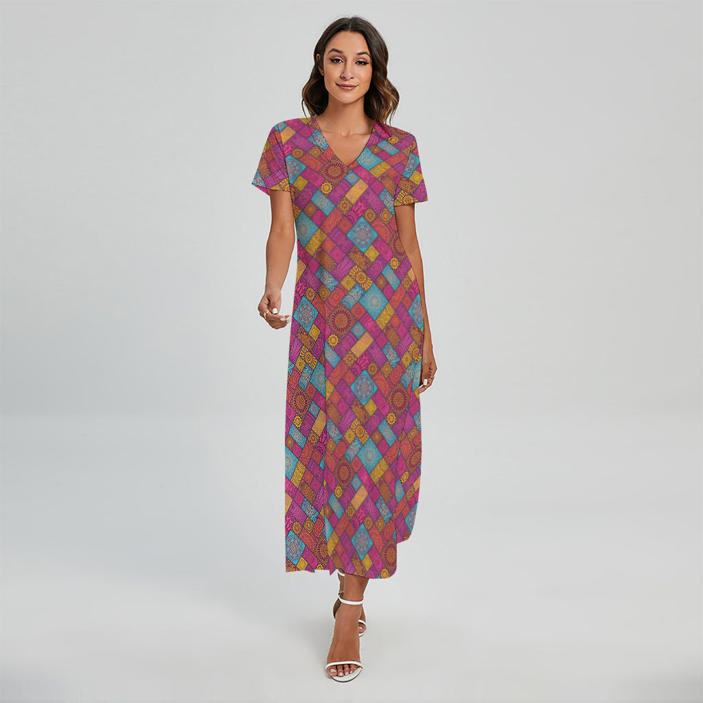 Indian Patchwork Pattern Print Short Sleeve Maxi Dress