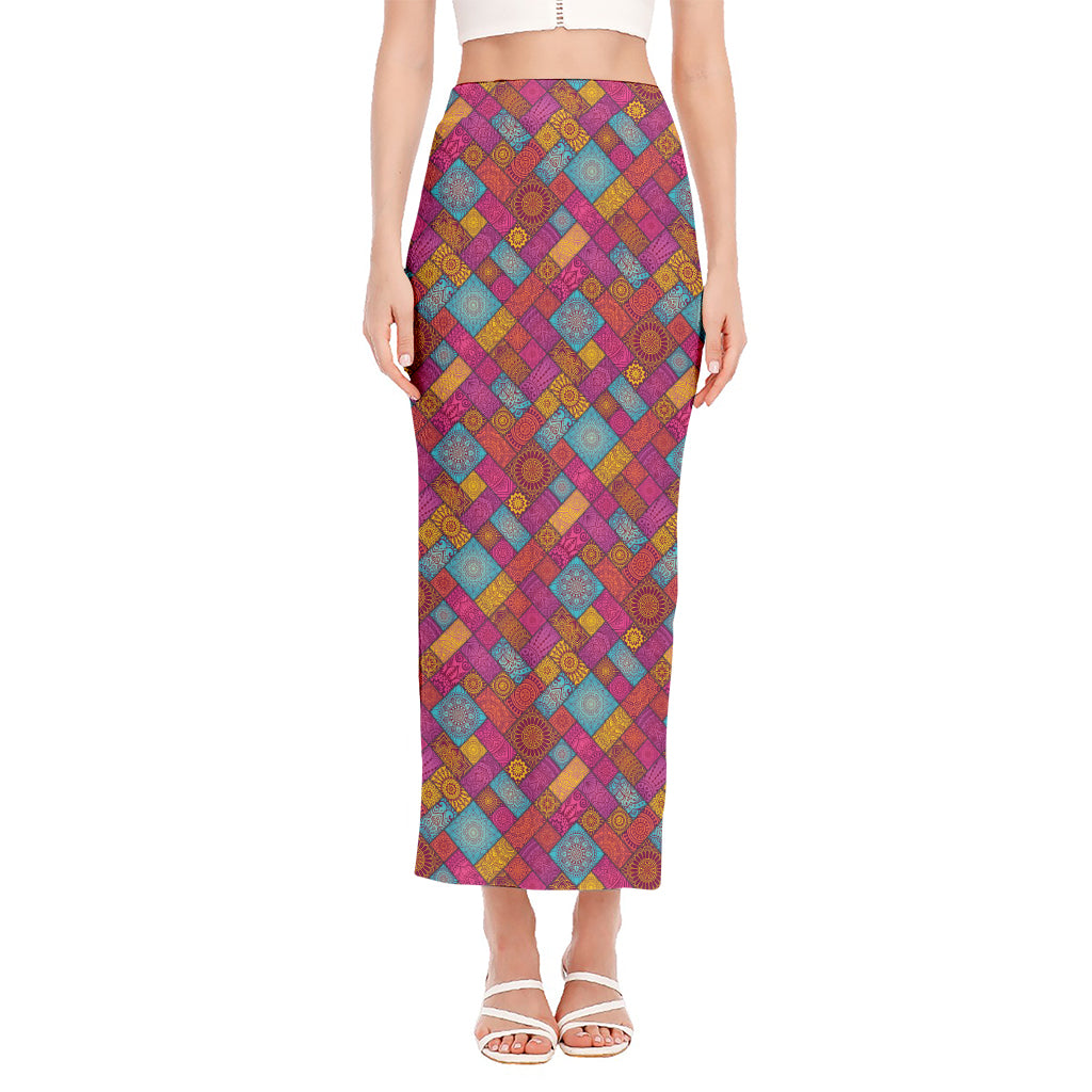 Indian Patchwork Pattern Print Side Slit Maxi Skirt