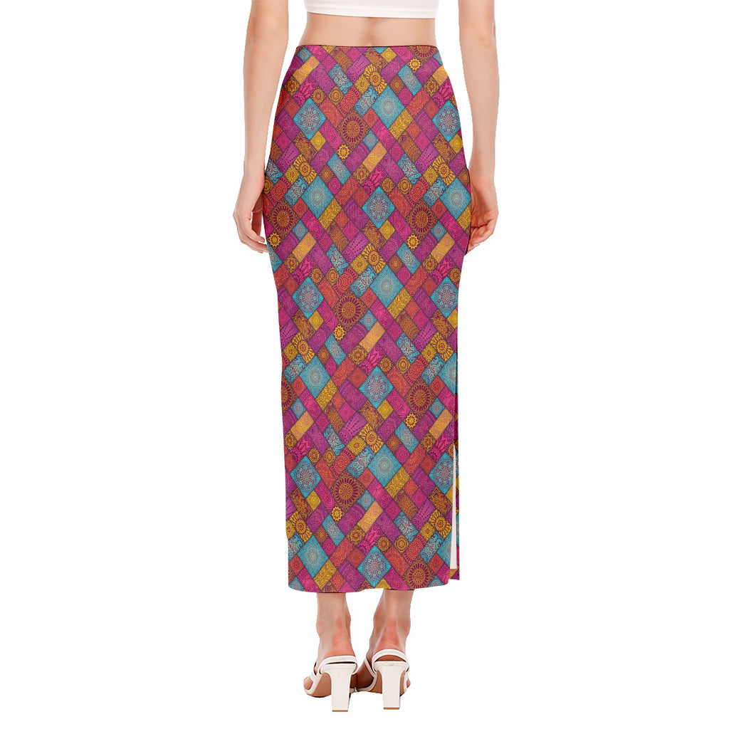 Indian Patchwork Pattern Print Side Slit Maxi Skirt
