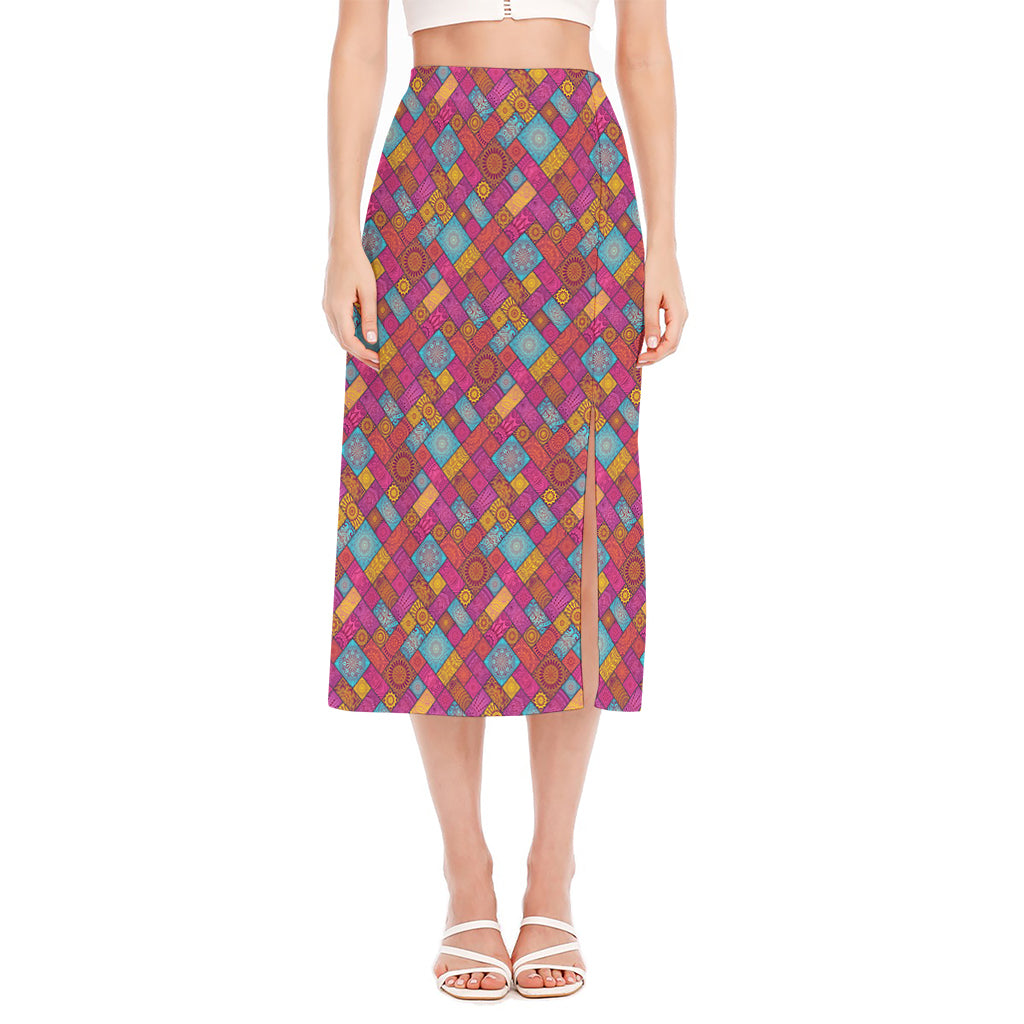 Indian Patchwork Pattern Print Side Slit Midi Skirt